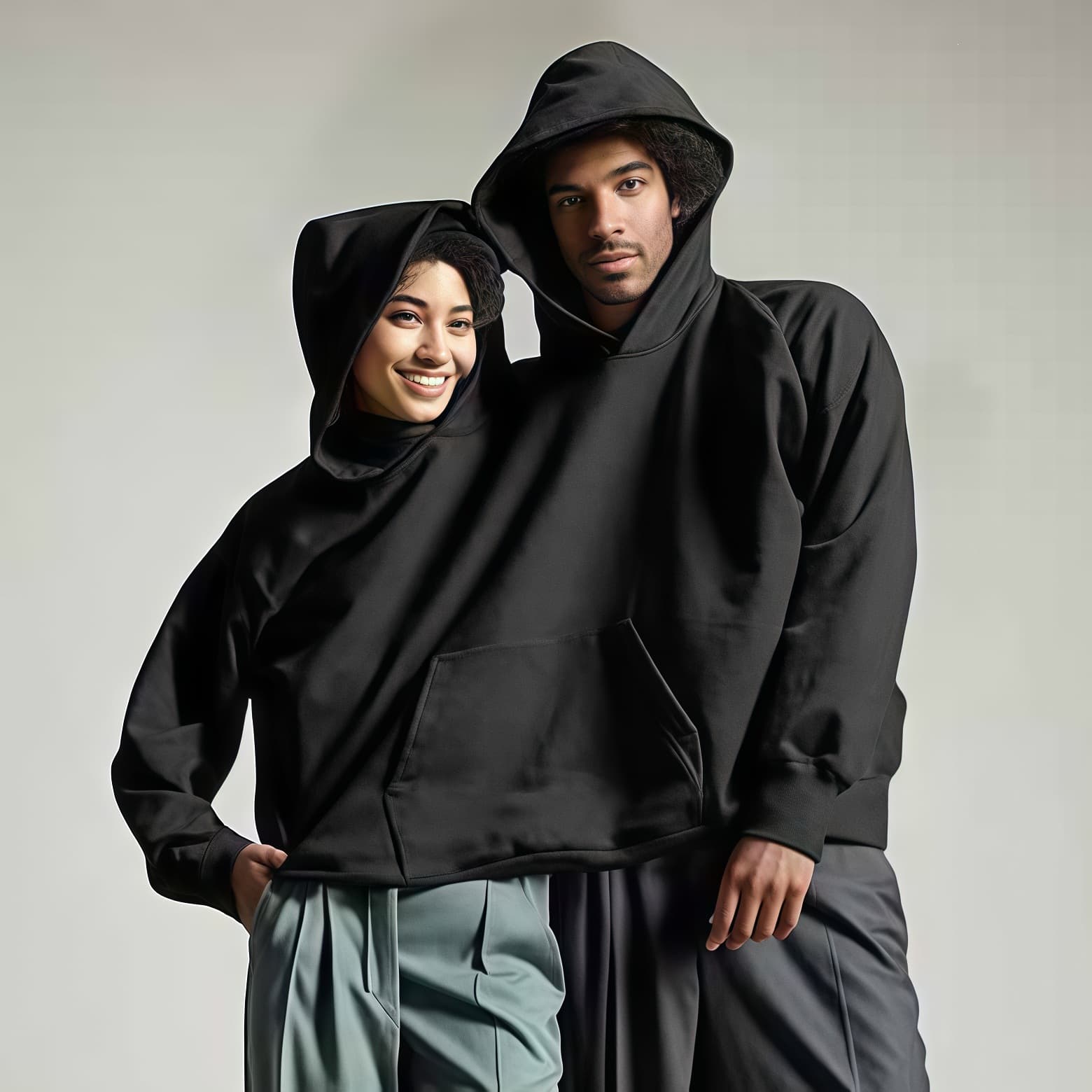 European and American Cross-border Creative Couple Two-Person Conjoined Hoodie Intimate Hoodie Solid Color Loose Pullover Long Sleeve Pocket Hoodie