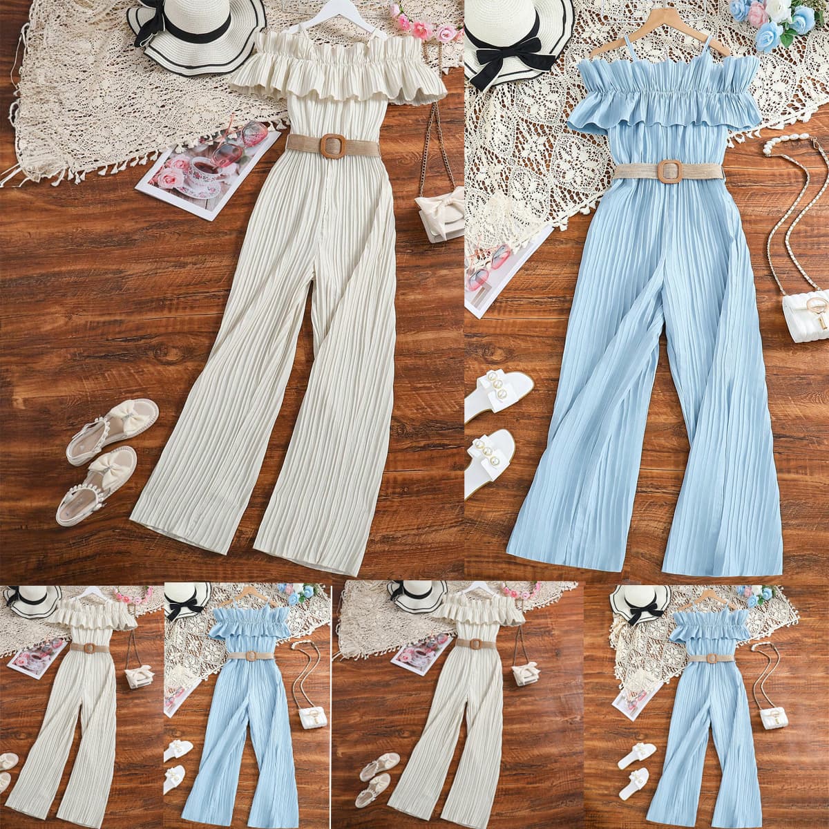 Summer Cross-Border Fashionable Girls' Jumpsuit with Spaghetti Strap, Off-Shoulder, Lace Trim, and Waist-Cinching Design