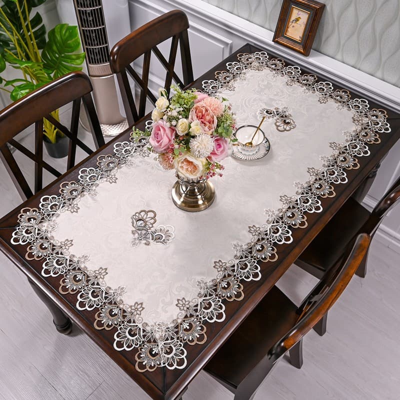 Lace Coffee Table Cloth Rectangular Dining Table Pad Dust-Proof Cover Mesh Dining Table Decorative Mat European Style Coffee Table Cloth