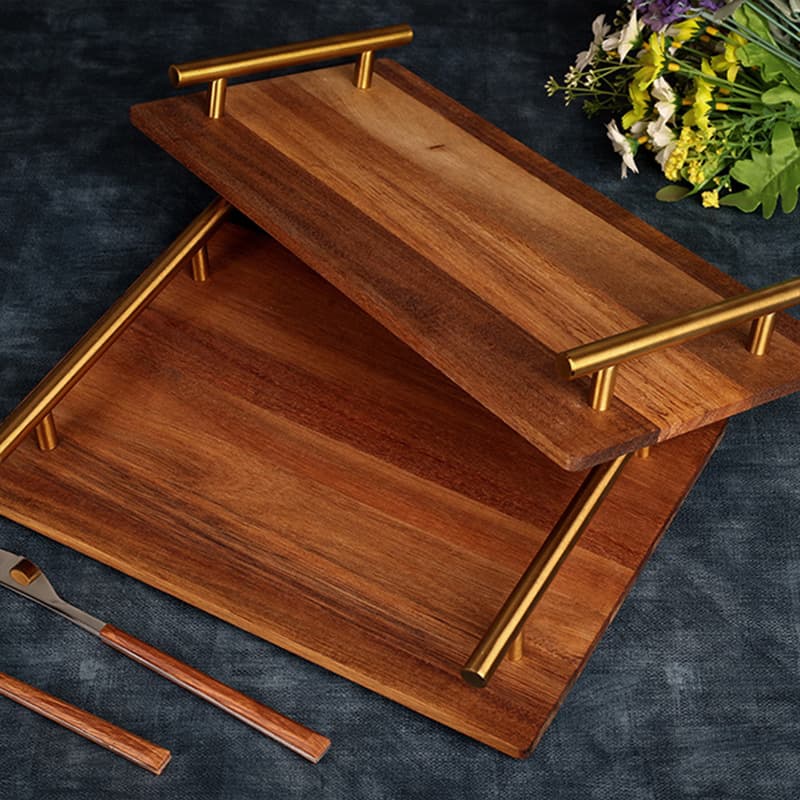 Hotel Tray Acacia Wood Tray Serving Platter Rectangular Wooden Tray Gold Metal Handle Solid Wood Tray
