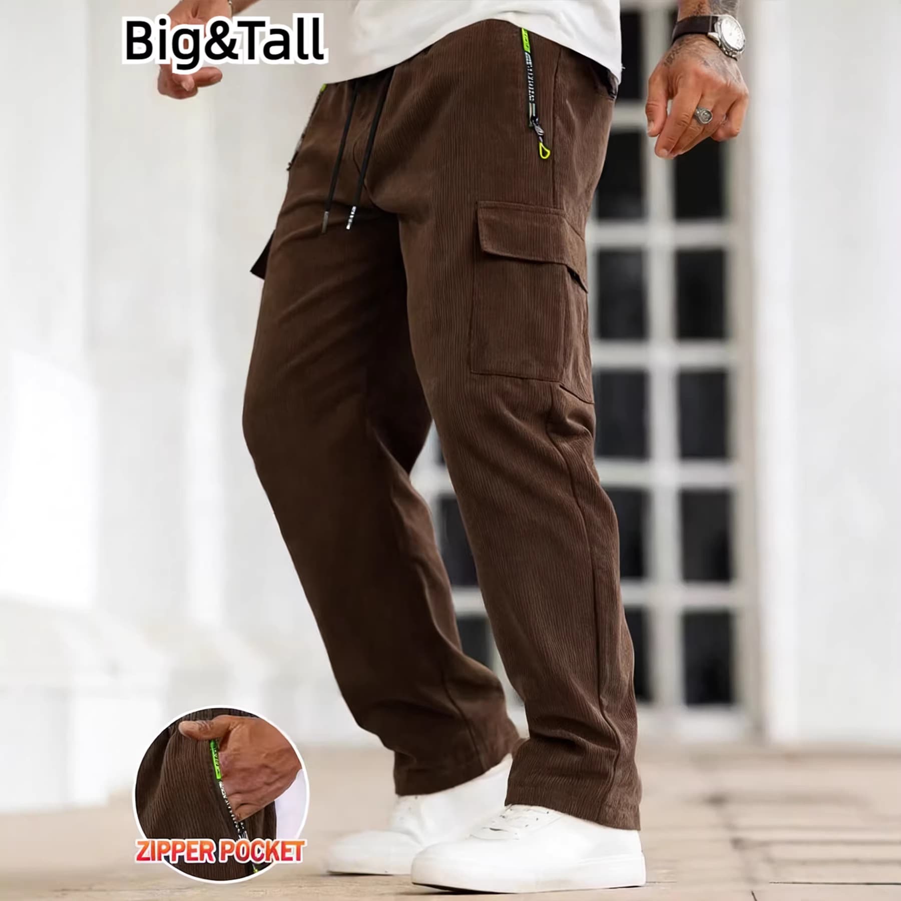 Four seasons plus size men's corduroy overalls plus fat oversized straight trousers with zipper pockets, versatile and fashionable