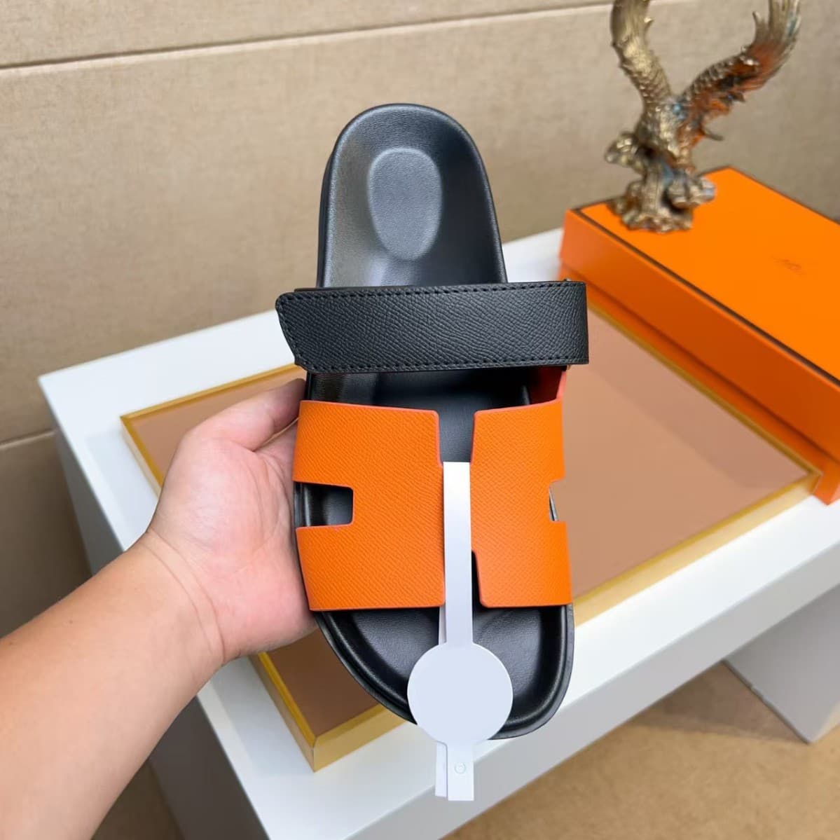 Erjiu Contrast Color Leather H-Type Velcro Slide Sandals Old Money Style Summer Versatile Outdoor Casual Slippers Summer Edition