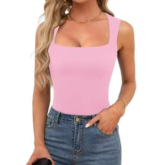 2025 New Amazon Summer Women's Square Neck Sleeveless Double-Layer Vest Basic Fitted T-Shirt Black