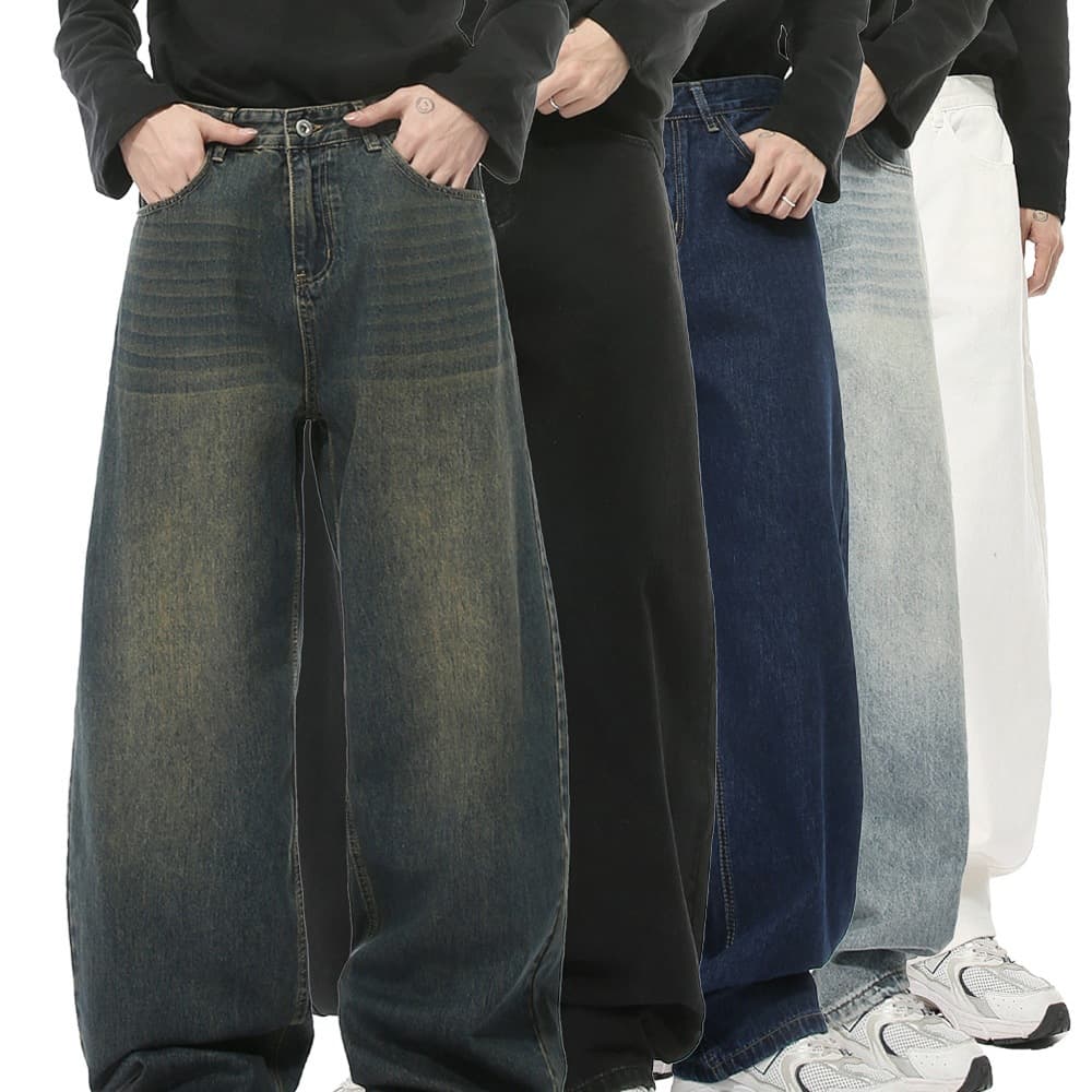 Cross-border MTLCLOTHES Men's Wear | New Season Korean Style Simple Wide-Leg Curved Cut Washed Denim Jeans Casual