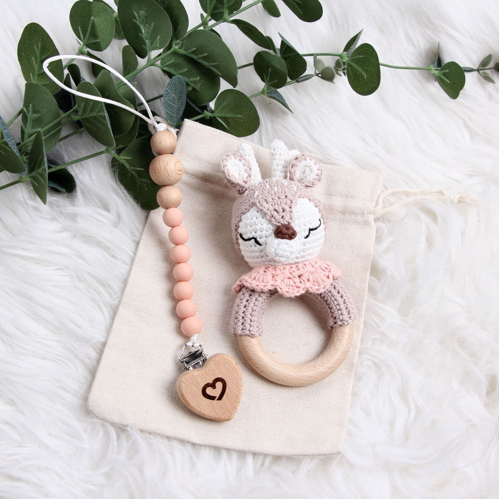 TemuShein Rattle Pacifier Clip Pacifier Chain Engraving Drop Shipping Wooden Silicone Baby Toy 2-Piece Gift Set