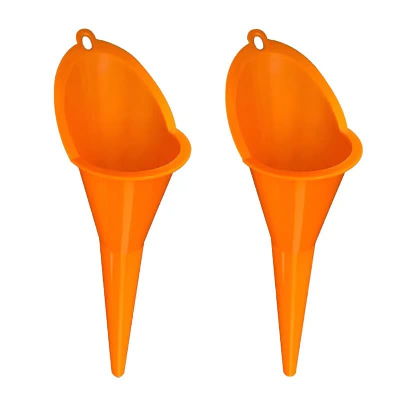 Hands-free refueling funnel for adding engine oil, gasoline, and fuel additives to motorcycles. This is a special plastic extended-nozzle funnel.
