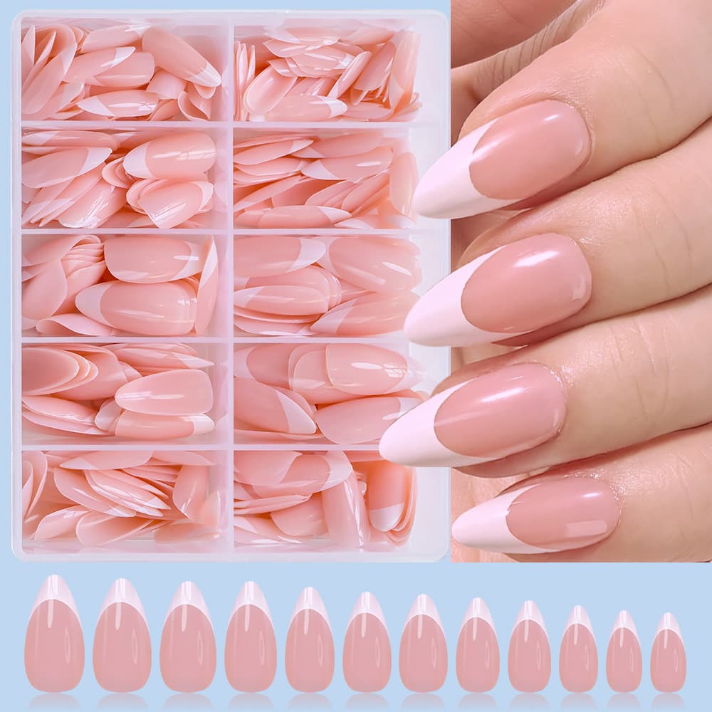 240/360 pieces boxed nude powder French white edge water drop almond wearable nails removable glossy fake nails