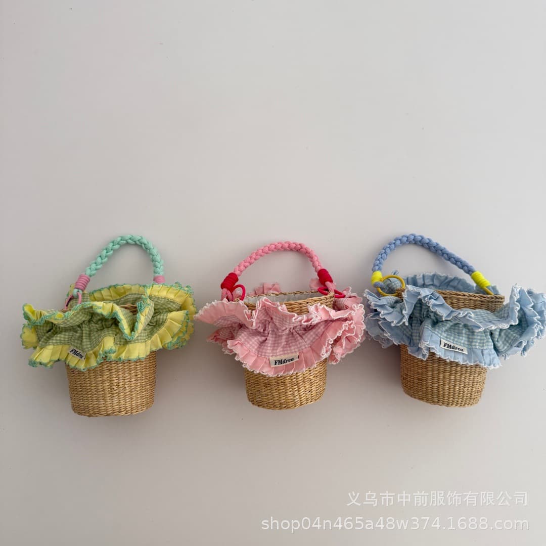 Children's handbag sweet double layer large lace rattan basket girl baby concave shape photo catwalk handbag