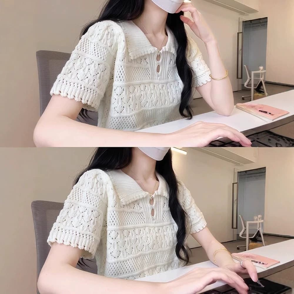 Hollow-out Polo Neck Short-Sleeve Knit Top for Women Summer T-Shirt Inner Layer 2026 New Style Tea Art Fit Waist Top