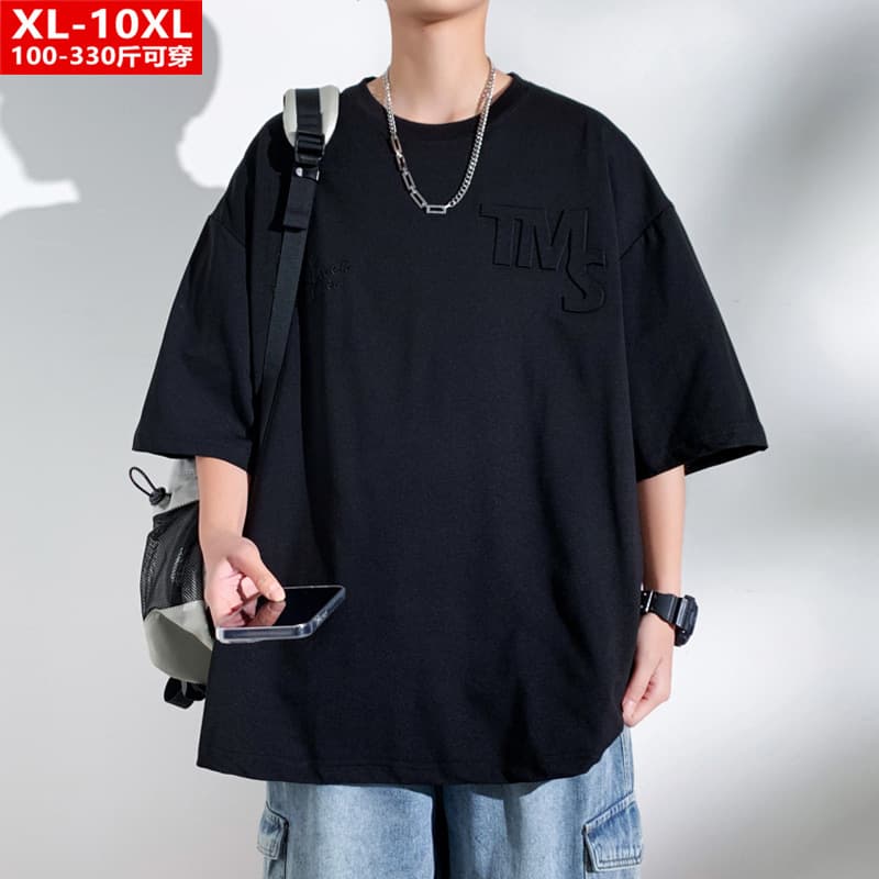 Summer Hong Kong Style Fashion Embroidered Round Neck Short Sleeve T-Shirt for Men, Plus Size Loose Fit Casual Tee for Overweight Men