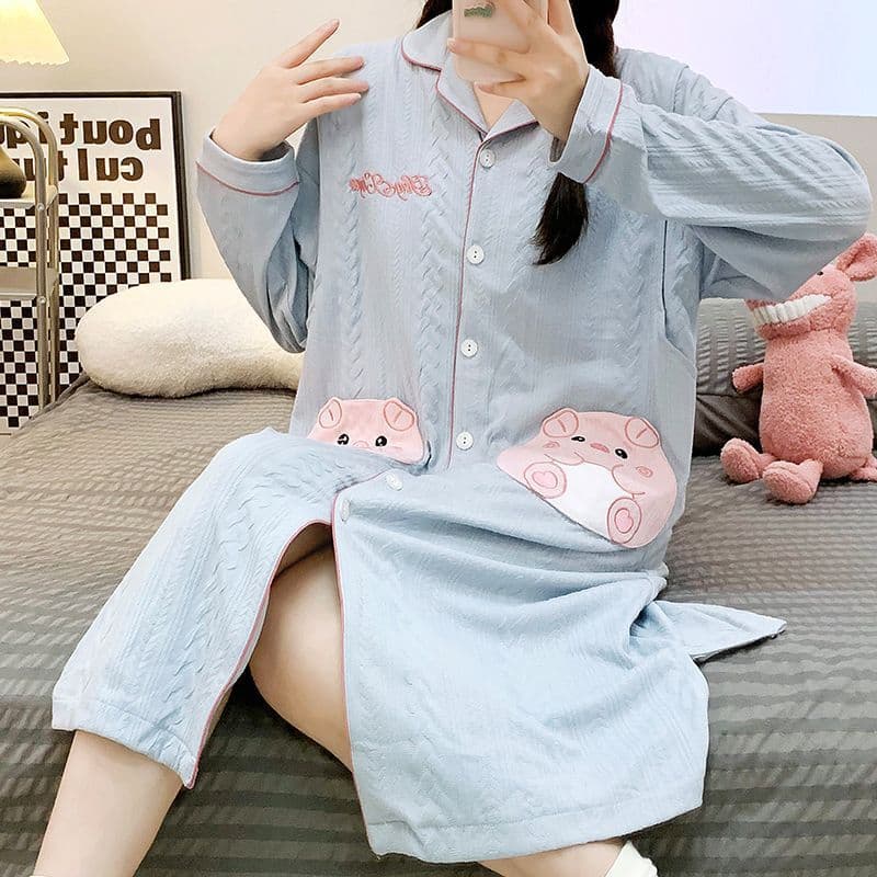 Long-sleeved nursing nightgown, spring and autumn maternity pajamas, women's autumn and winter postpartum care clothes, loose-fitting nightgown.