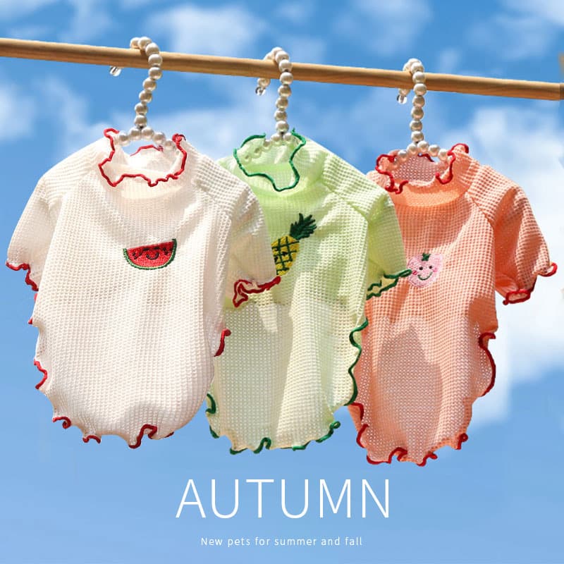 Casual Style Pet Clothes for Dogs and Cats Roll Edge Bottom Shirt Spring Summer Autumn Teddy Bichon Fruit Pattern Two Feet Clothes