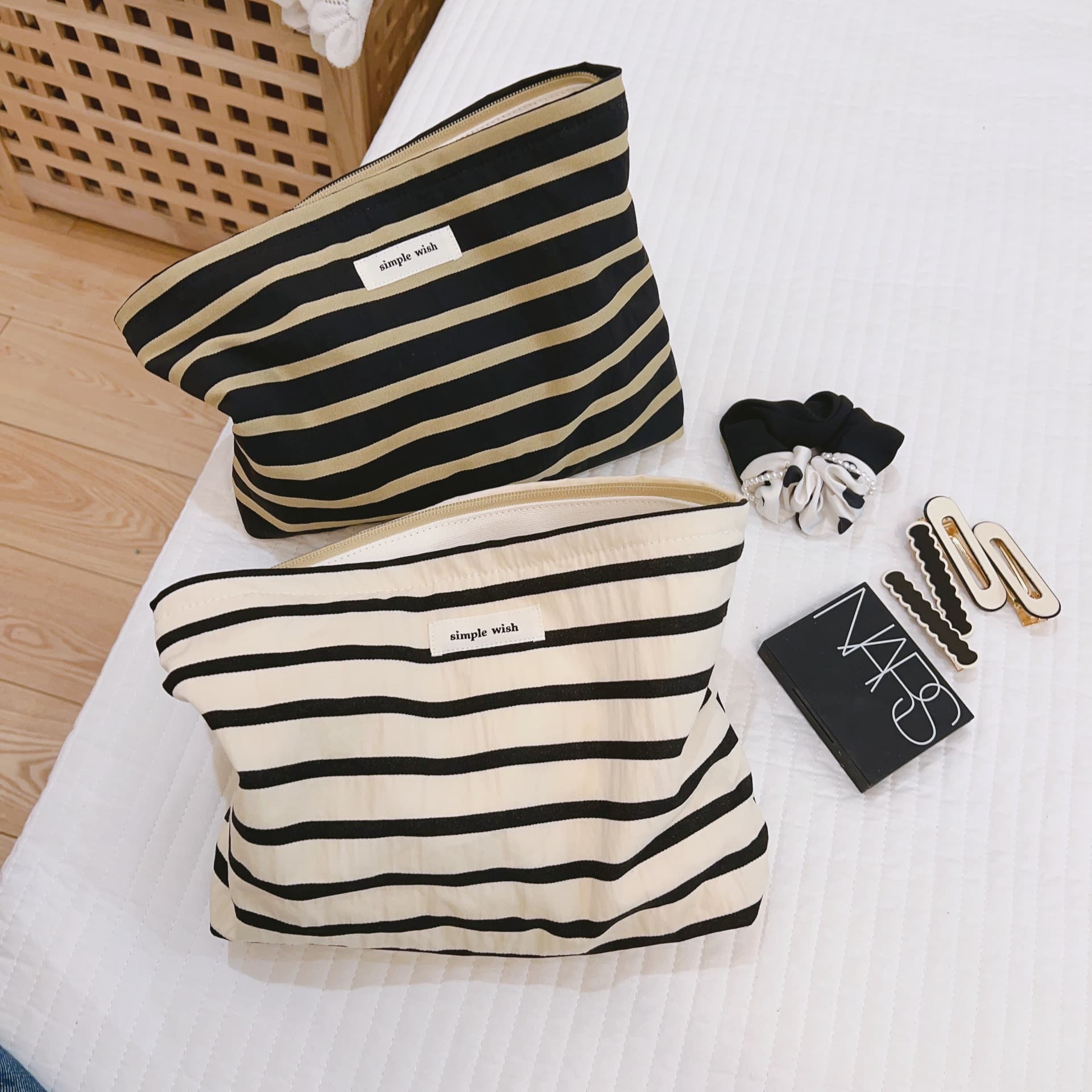 Suxibu Bag Korean Style Striped Pure Cotton Makeup Bag Canvas Handbag Women's Travel Toiletry Bag Storage Zipper