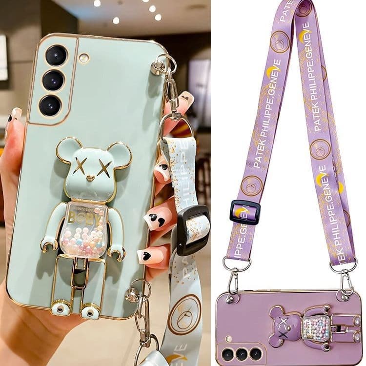 Compatible with Samsung S25 Phone Case Electroplated Full Coverage Galaxy S23u Candy Bear Folding Stand Crossbody Lanyard Protection