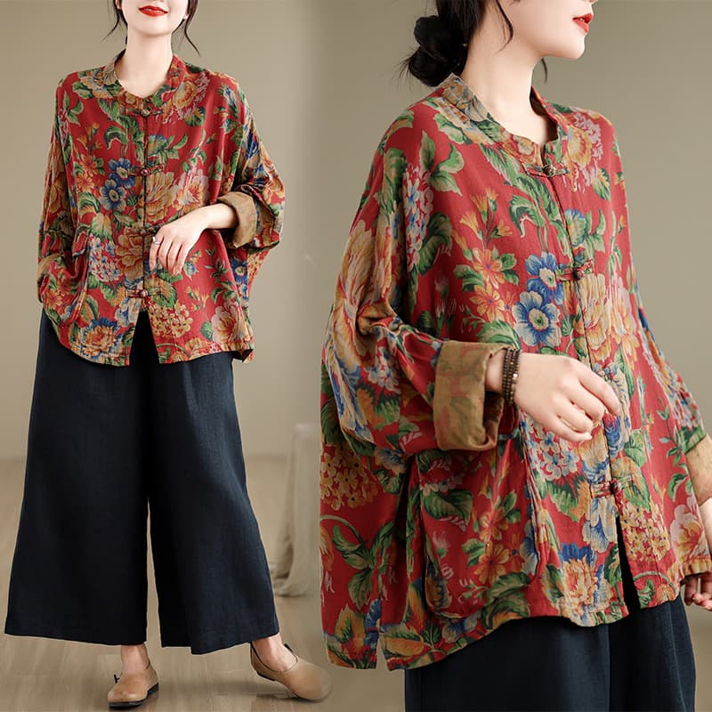 Cotton Linen Print Button up Shirt Tea Costume Retro Outerwear Small Audience Jacket Open Cardigan Top Chinese Style Clothing