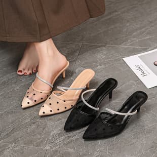 New French Pointed Toe Stiletto High Heel Slippers for Women, Transparent Polka Dot Rhinestone Fashion Slippers