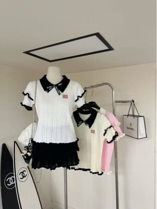 Nanyou High-End Foreign Trade Style Slim-Fit Date Outfit Embroidered Letter Bowknot Turn-Down Collar Short-Sleeve Knit Top