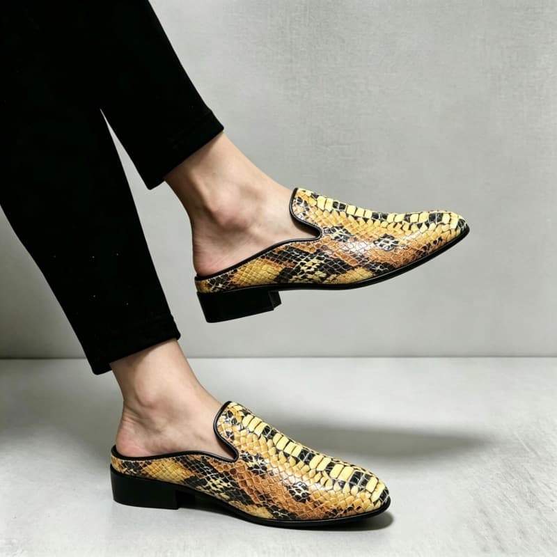 Men's cross-border large size snake pattern heelless half-slip leather shoes new men's mules slip-on leather shoes men's shoes