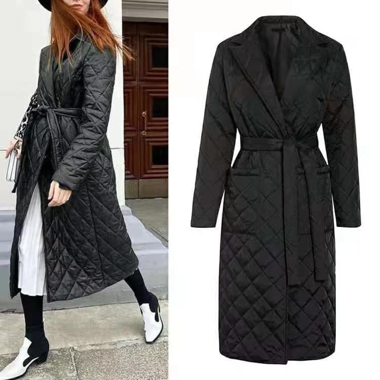Cross-border European and American Autumn/Winter Fashion Turn-down Collar Cotton Coat Mid-length Over-the-knee Belted Women's Slim Diamond Pattern