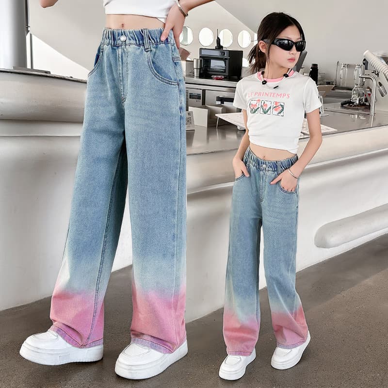 Girls' Jeans Summer Thin Mid-Large Child Loose Straight Wide-Leg Pants Gradient Girls Children's Trousers Long Pants Fashion