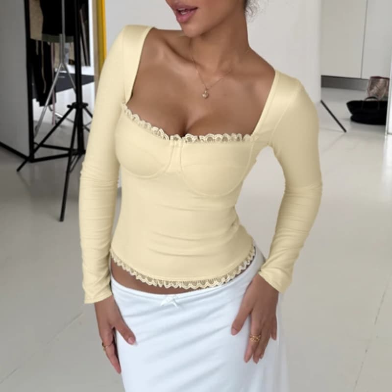 YL25290 European and American Style Sexy Lace Long Sleeve Top 2025 Autumn New Arrival Ins Solid Color Versatile Top for Women