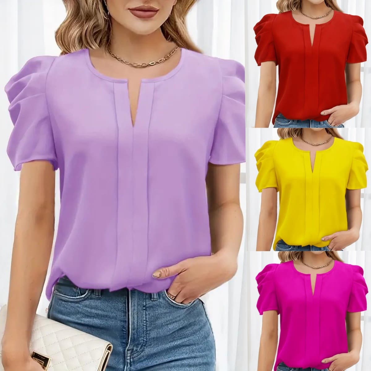 Fashionable Solid Color Women's Short Sleeve T-Shirt 2024 Summer New Arrival Loose Fit Bubble Sleeve Crew Neck Top Polyester Fabric
