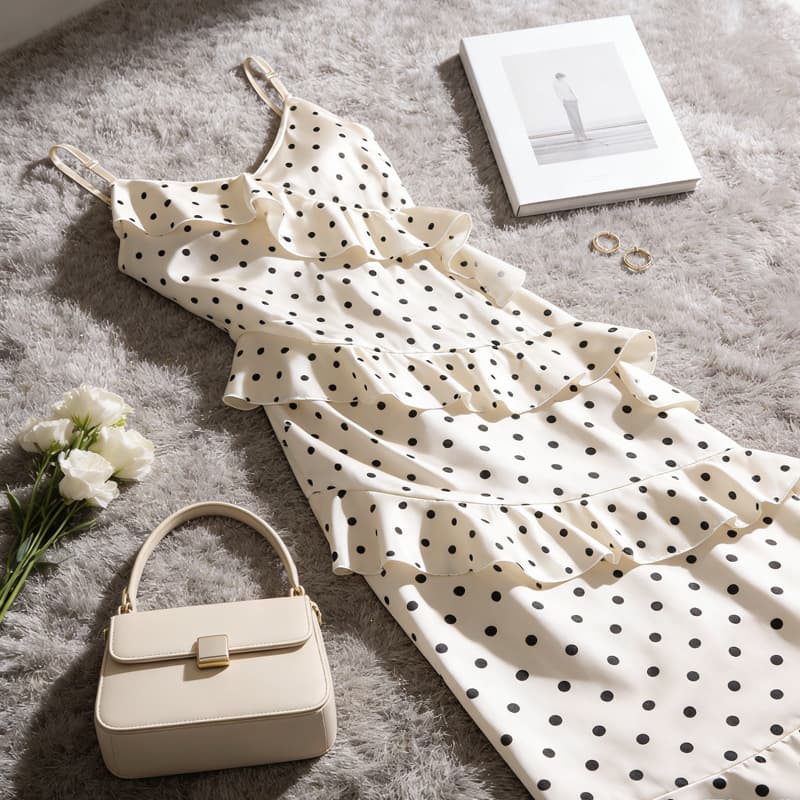 Pure lust style hot girl polka dot satin suspender dress women's summer seaside vacation style waist-cinching ruffled long skirt