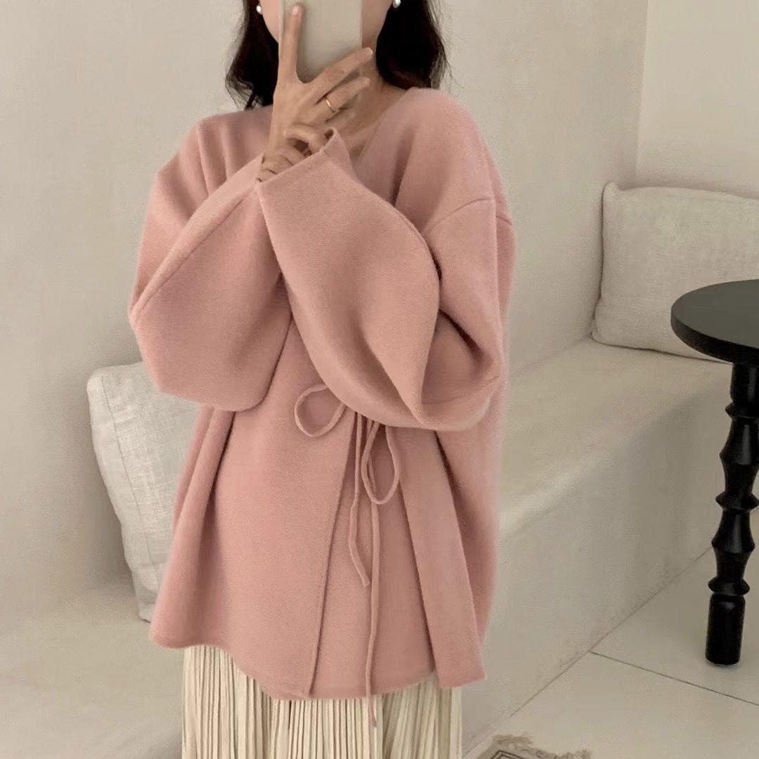 Designer Pink Cardigan Sweater for Women, Autumn New Arrival, Thickened Loose Relaxed Style with Tie Belt Knitwear