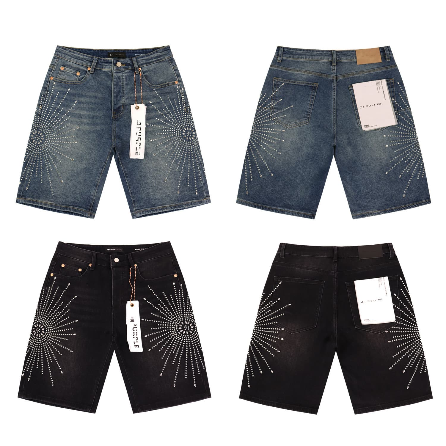 2026 New Style Denim Shorts Purple Rhinestone Washed Men's American Jeans Rhinestone Denim Shorts