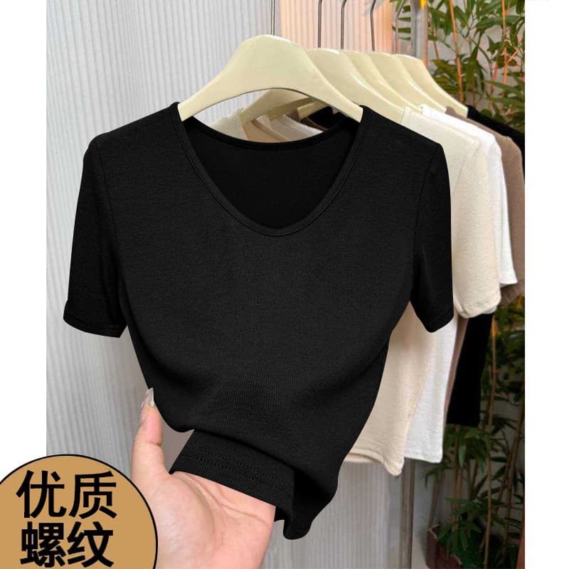 French Light Luxury 2026 New Ribbed Short Sleeve T-Shirt for Women Summer Fashionable Base Top V-Neck Slim Fit Pure Desire Top