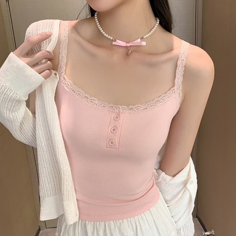 Lace vest with small suspenders for women, pure lust style, versatile lining, spring and summer slim buttoned short pink bottoming top