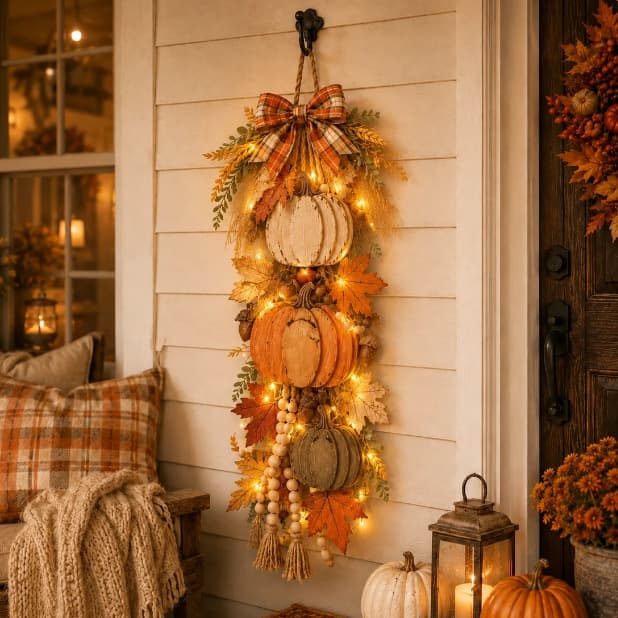 New Wooden Pumpkin Door Hanging with Warm LED Lights Rustic Wooden Pumpkin Door LED