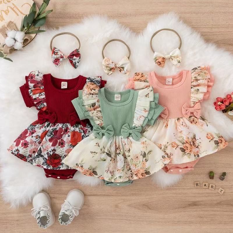Summer European Floral Diaper Dress Baby Romper, 100 Days Princess Dress with Snap Closure