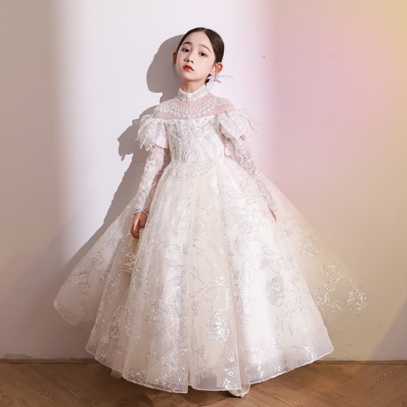 Girl's Birthday Princess Dress Long Sleeve for Spring and Autumn, Flower Girl Wedding Host Piano Performance Gown