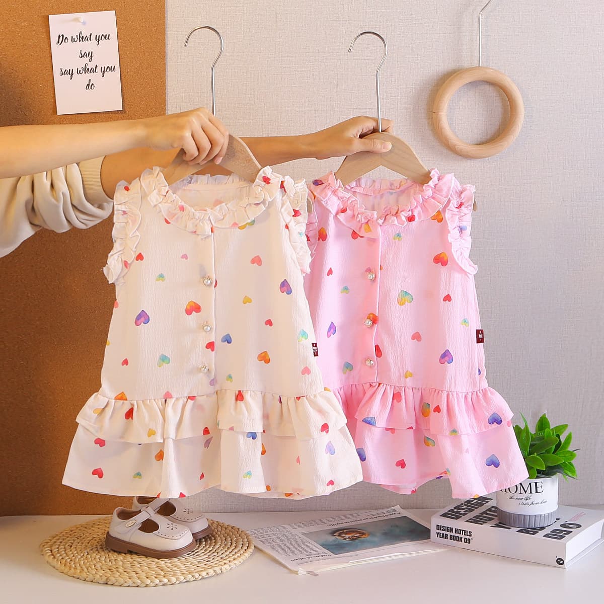 2026 Baby Girl Summer Dress Full Print Heart Princess Dress Sleeveless Cute Two-Piece Set