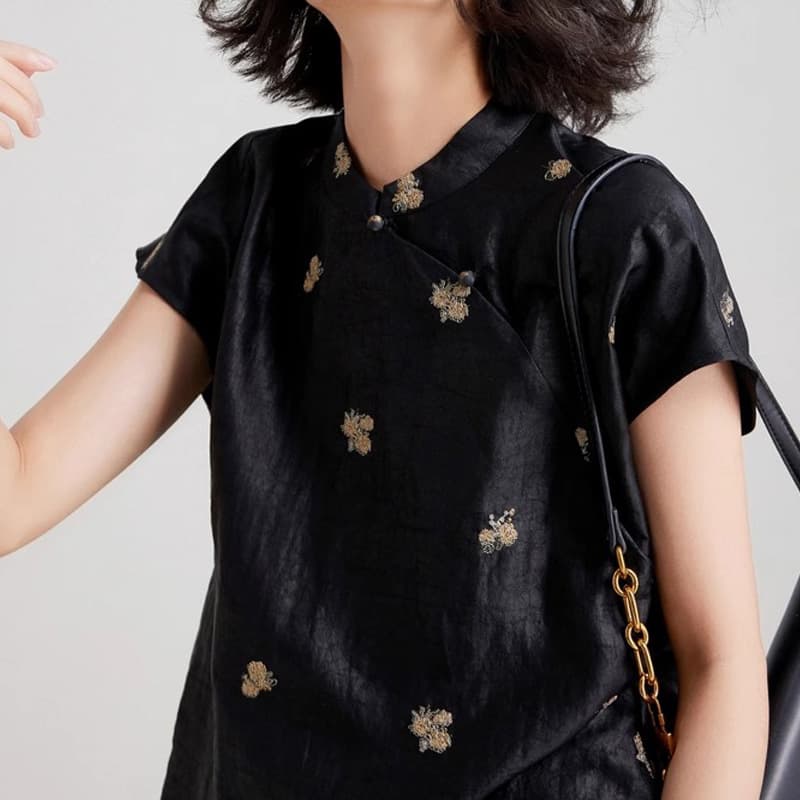 Turtle Cracked Fragrant Cloud Yarn Embroidered Mulberry Silk Shirt New Chinoiserie Silk Top Short-Sleeved T-Shirt Classy Women's Summer Clothing