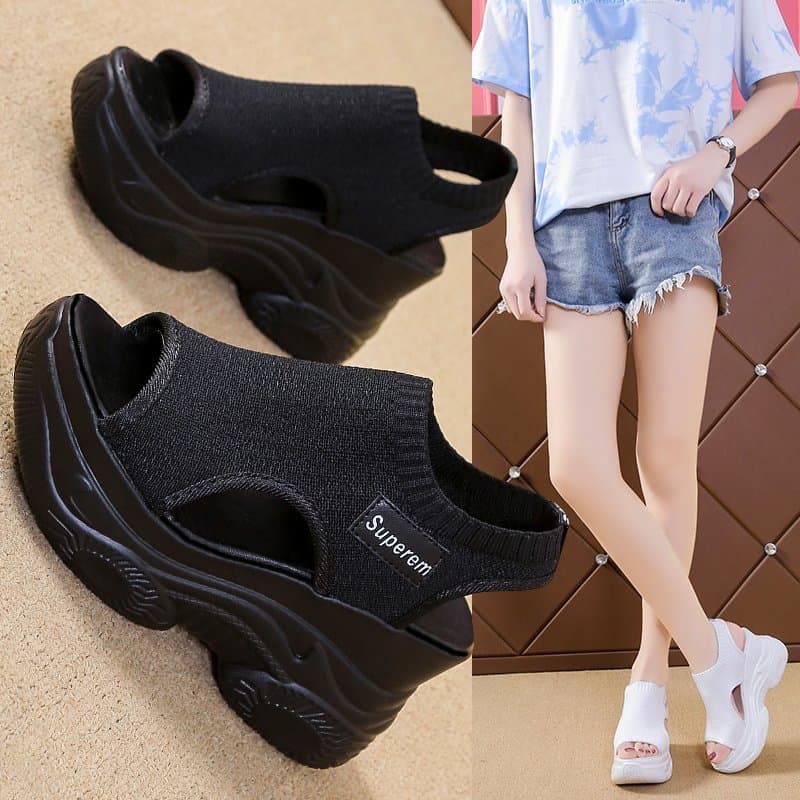 Best-selling Cross-border Breathable Beach Shoes, Korean-style Platform Sole, Solid Color, Slip-on, Fashion Knitted Sandals for Women