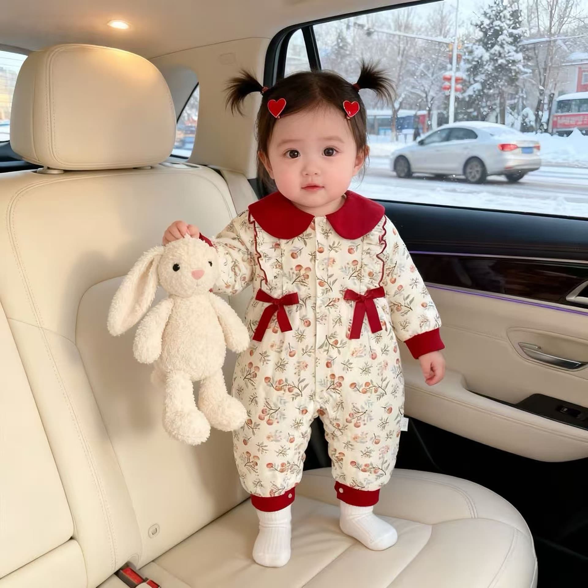 Baby Cotton Padded Romper, Class A Pure Cotton, Winter Warm Thick Newborn Bodysuit, Girls, New Year Outfit
