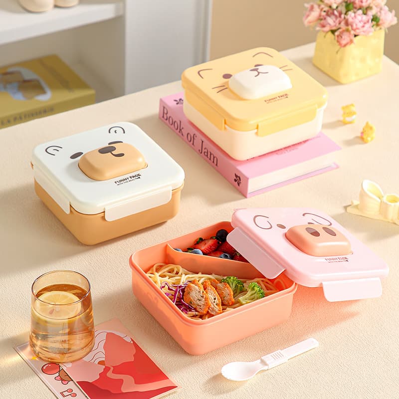Cute divided student lunch box microwaveable home cartoon lunch box office worker lunch box with cutlery