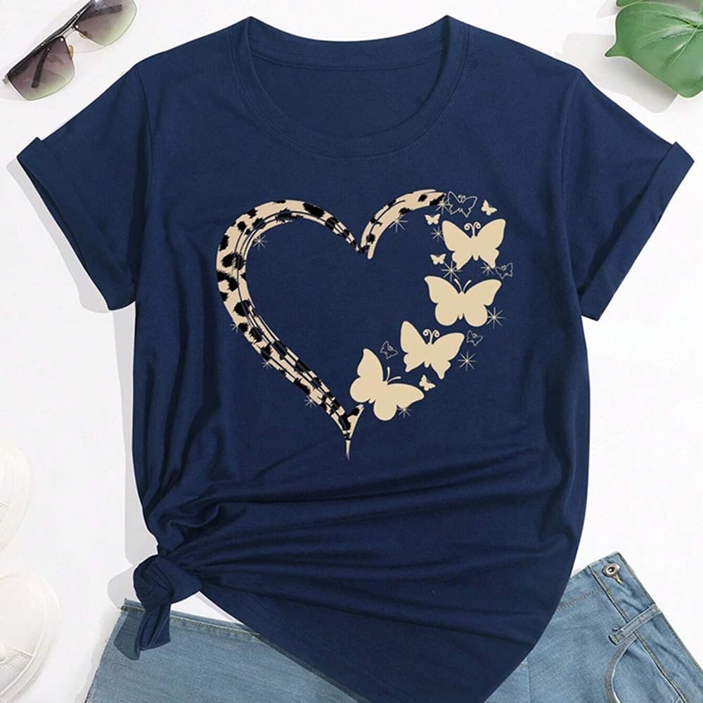 Women's Casual Round Neck Printed Butterfly Pattern Oversize Shirt Millennial Bug Style T-shirt Breathable Loose Fit Polyester
