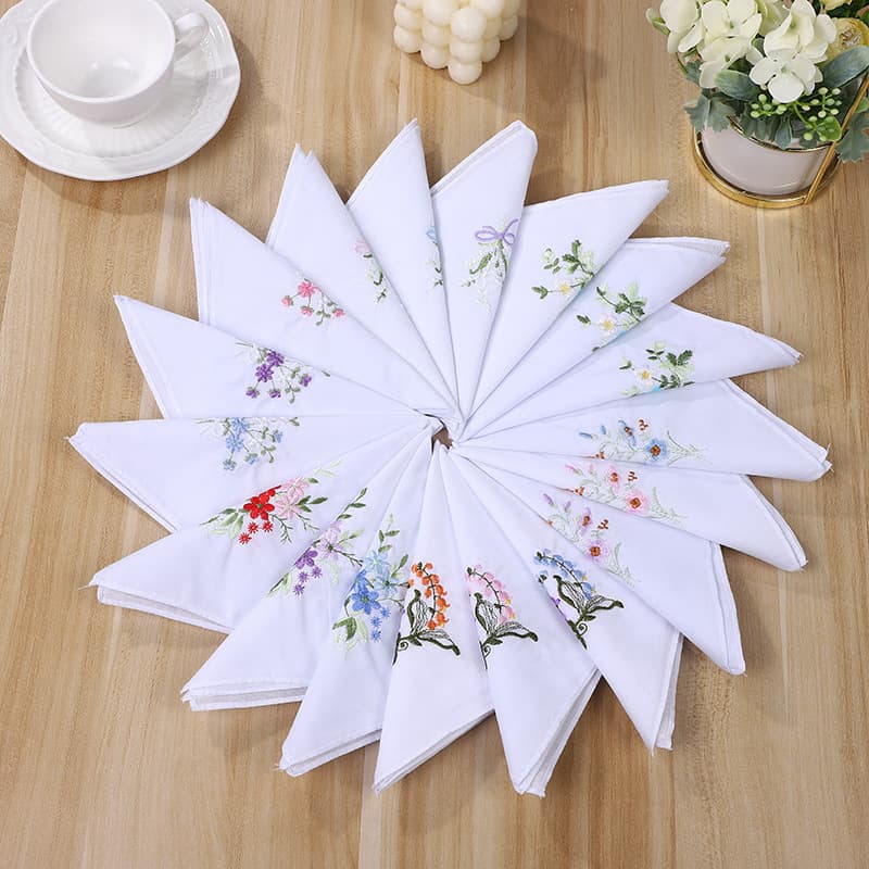 New 28cm embroidered cotton women's handkerchief, thin, soft, elegant square scarf, pure white handkerchief, pure cotton tea towel wholesale.