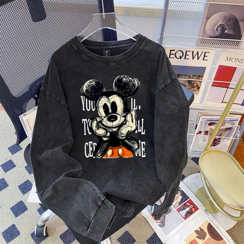 2025 New American Retro Washed Black Fun Print Cotton Long Sleeve Cuffed T-Shirt Versatile Top for Women