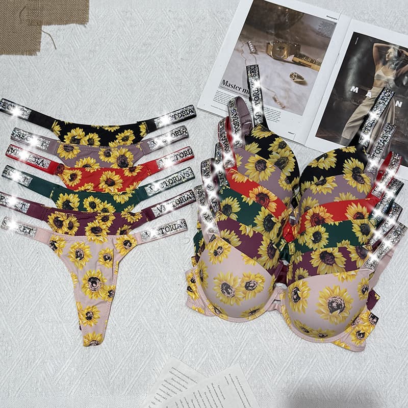 Factory Export Hot Selling Victoria's Secret Style Underwear Bra and Panty Set Sunflower Pattern Bikini Rhinestone Element Sparkle Strap