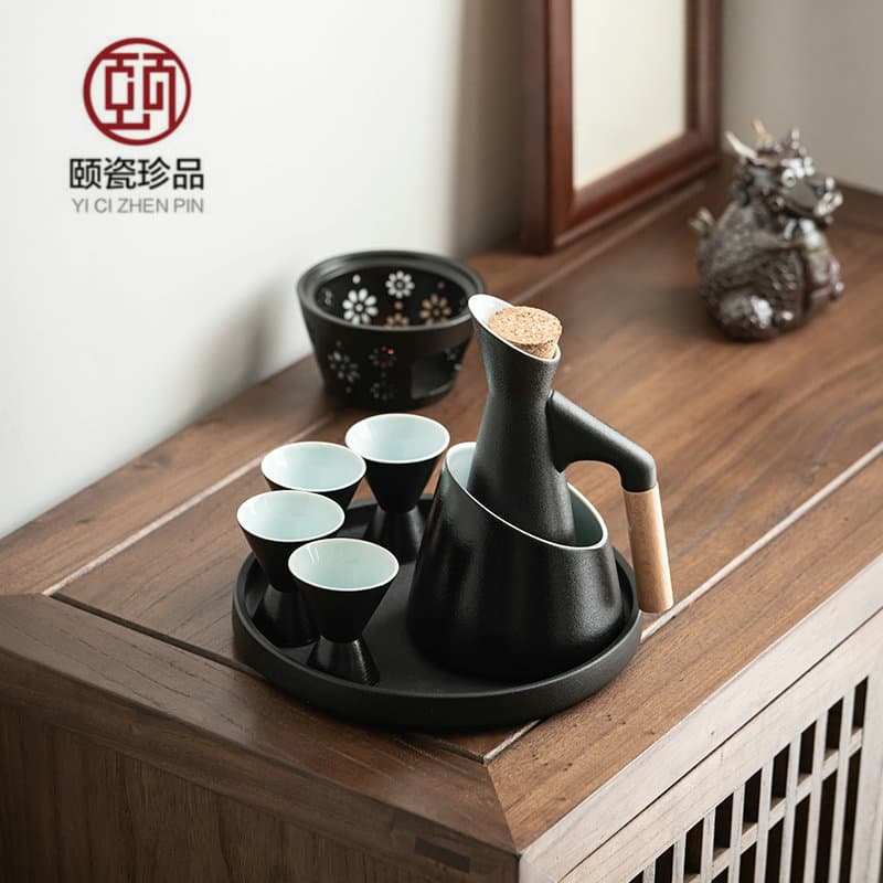 Coarse Ceramic Tipsy Warmer Set with Wine Cups and Heating Pot for Yellow and Green Rice Wine, Home Use E18