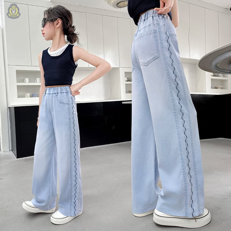 Girls Tencel Denim Pants Summer Thin Style Teenagers Embroidered Wide Leg Pants Middle School Students Summer Straight Leg Pants