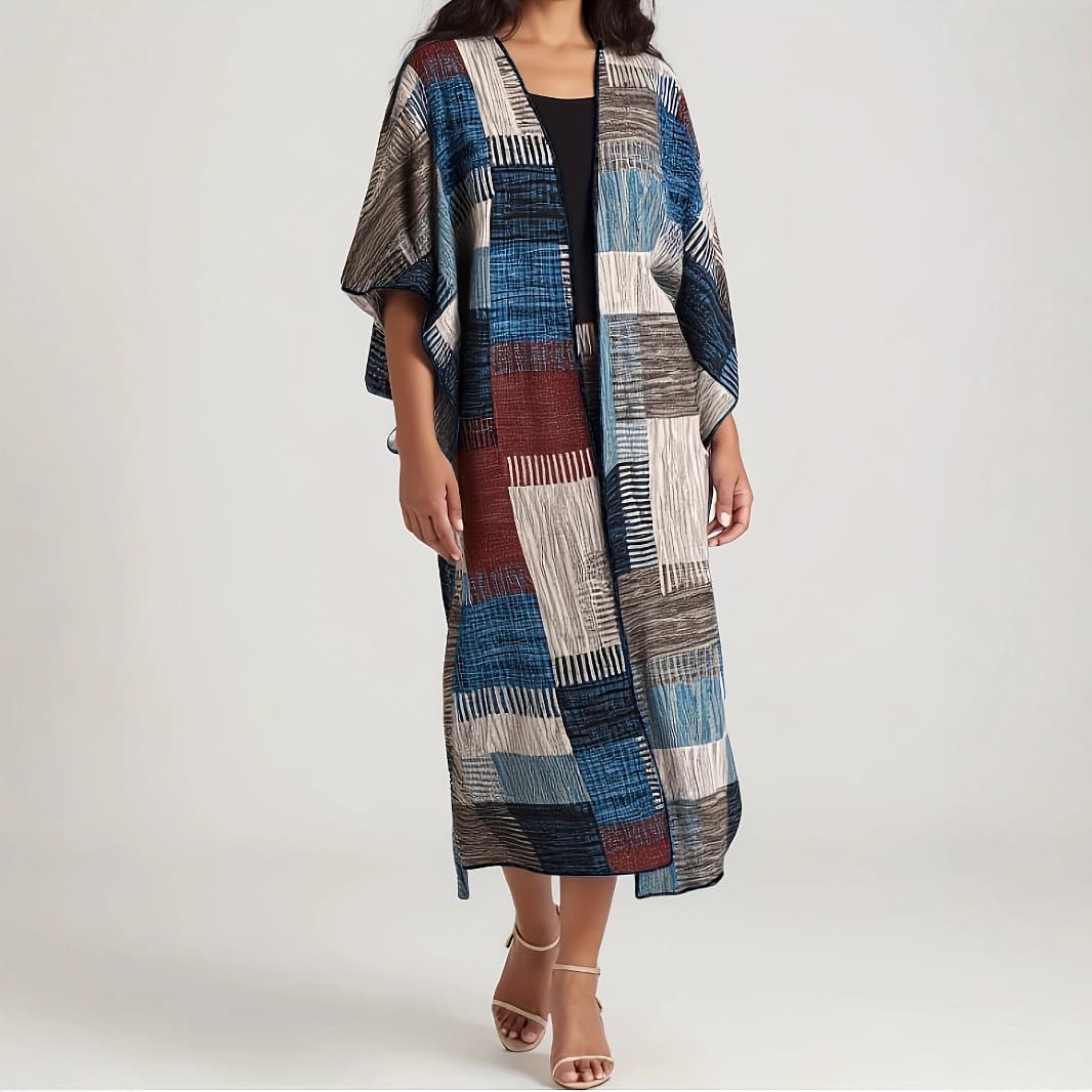 Women's Geometric Patchwork Long Cardigan Jacket