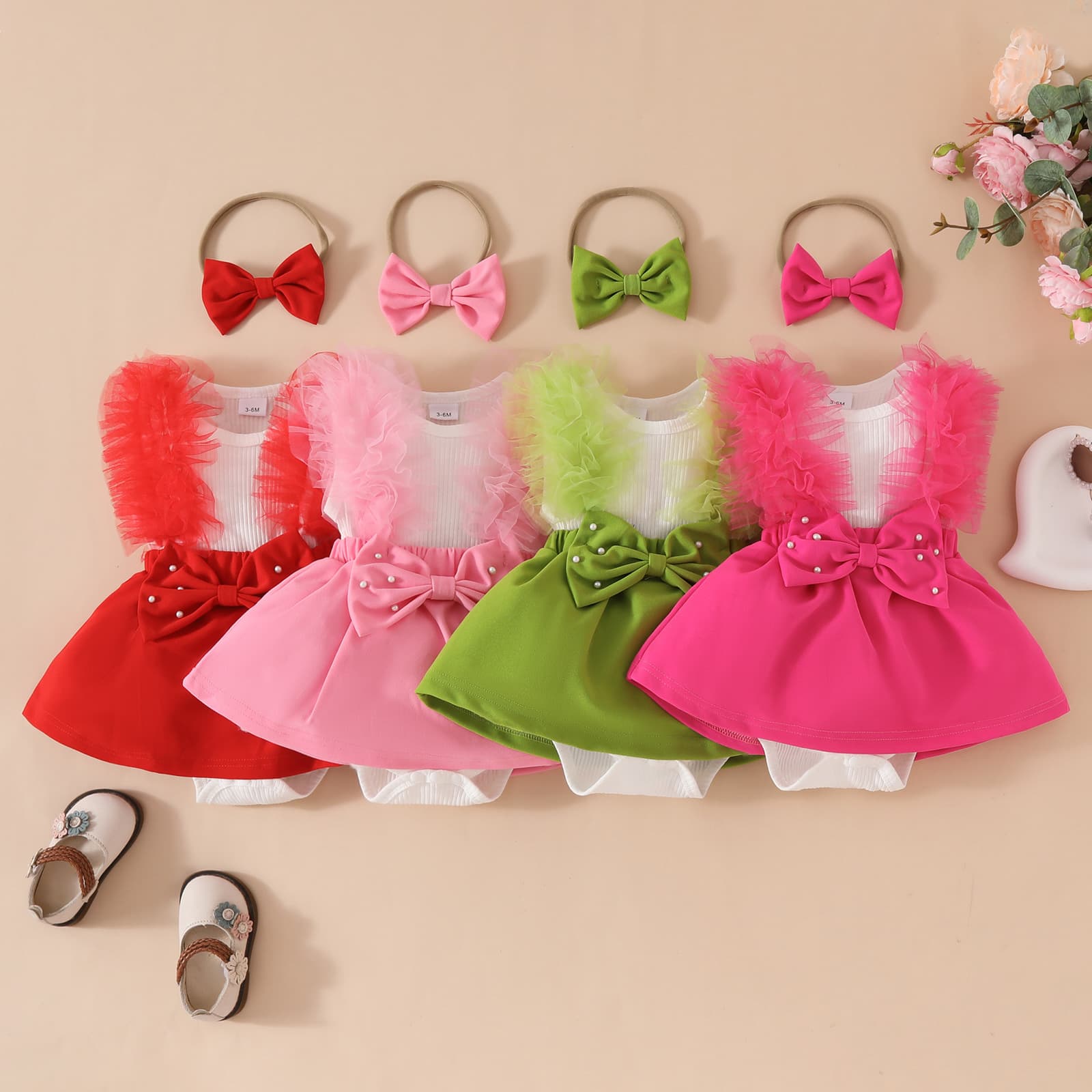 INS Sweet Summer Sleeveless Mesh Large Bow Triangle Dress for 0-1 Year Old Baby with Beaded Bodysuit