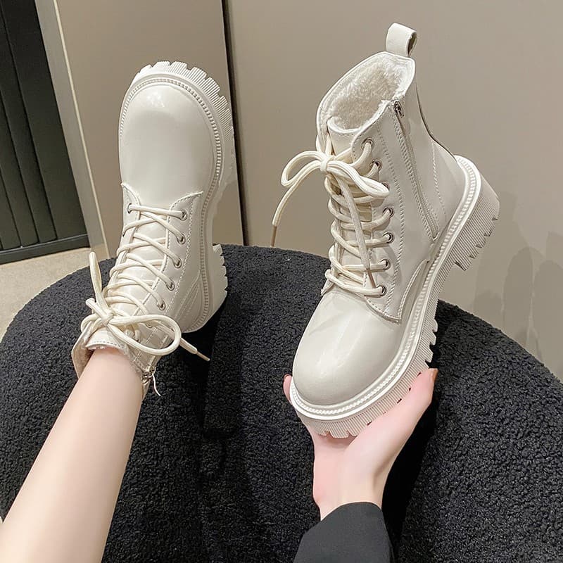 2024 Winter New Women's Boots Thick Sole Leather Boots Lace-up Short Boots British Style Martin Boots Autumn Winter Women's Shoes