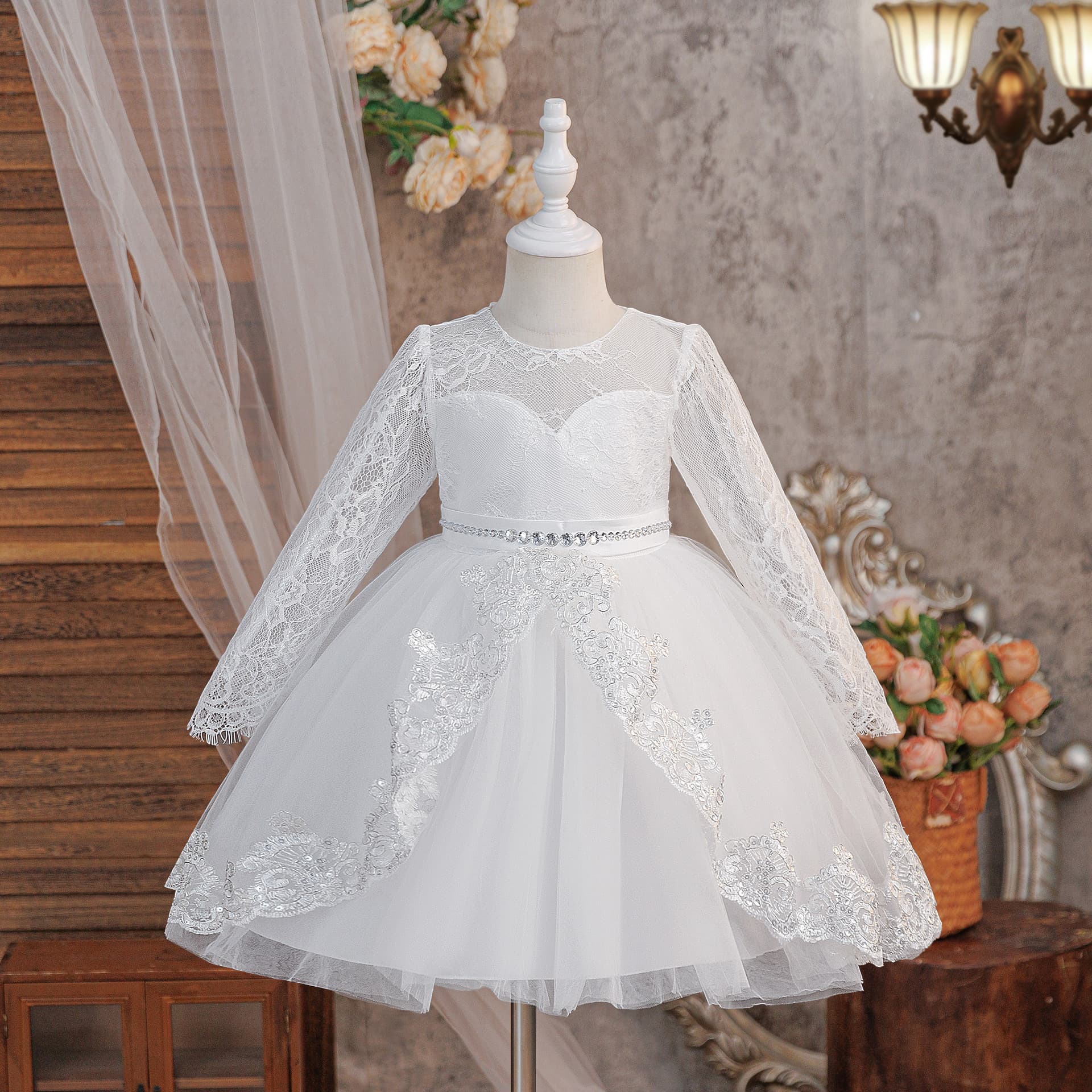 New Trade Long Sleeve Sequin Lace Children's Princess Dress Girl Flower Girl Christmas Dress