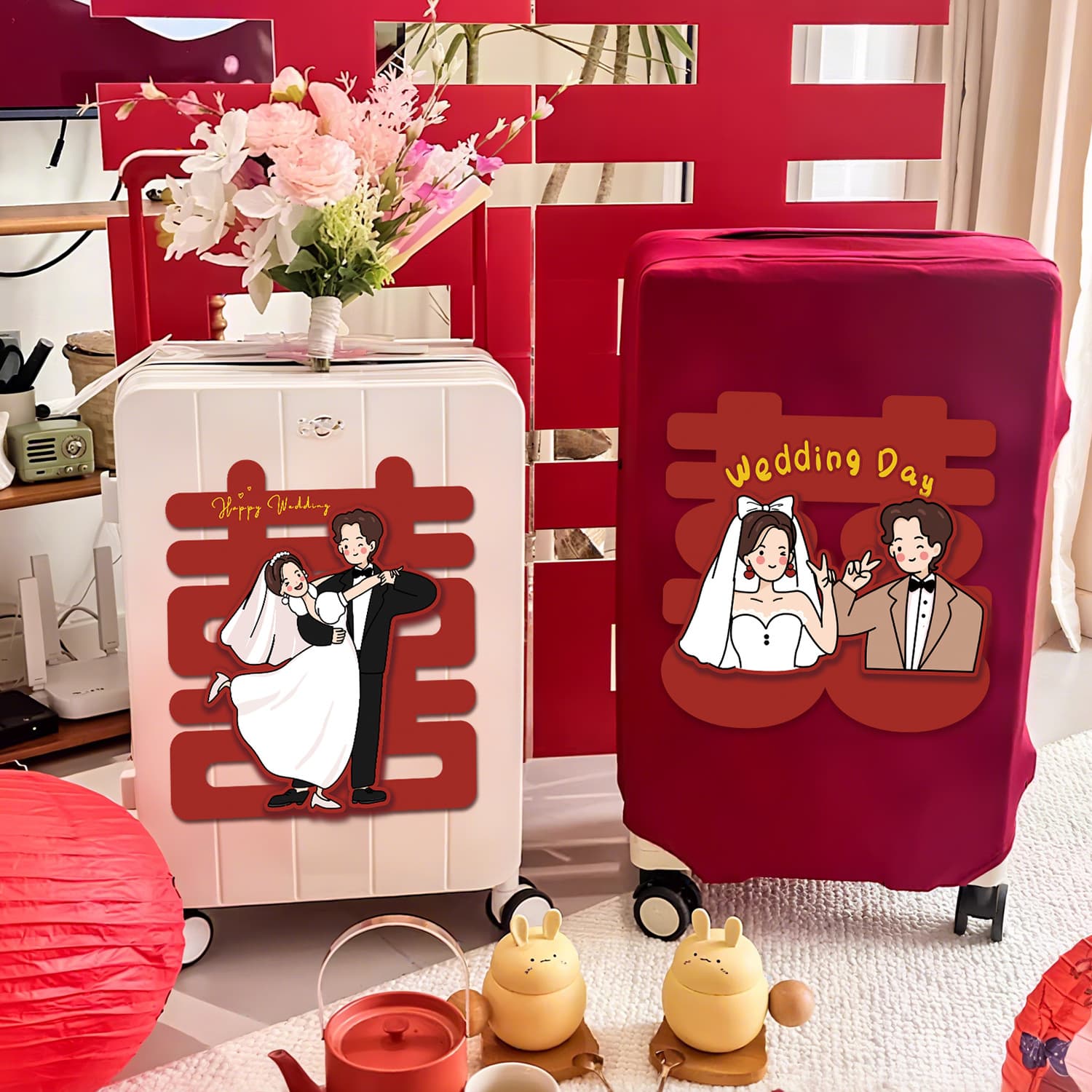 Bride's dowry suitcase with double happiness sticker decoration for wedding room, set for both bride and groom's families